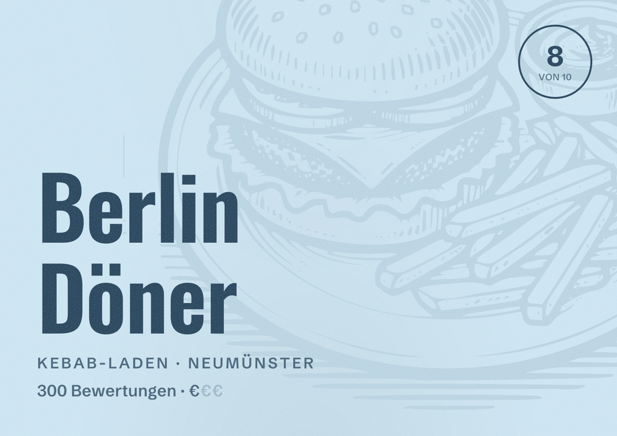 Illustriertes Poster von Berlin Döner, Kebab-Laden in Neumünster: Bewertung 8 von 10 aus 300 Bewertungen, Preisniveau €