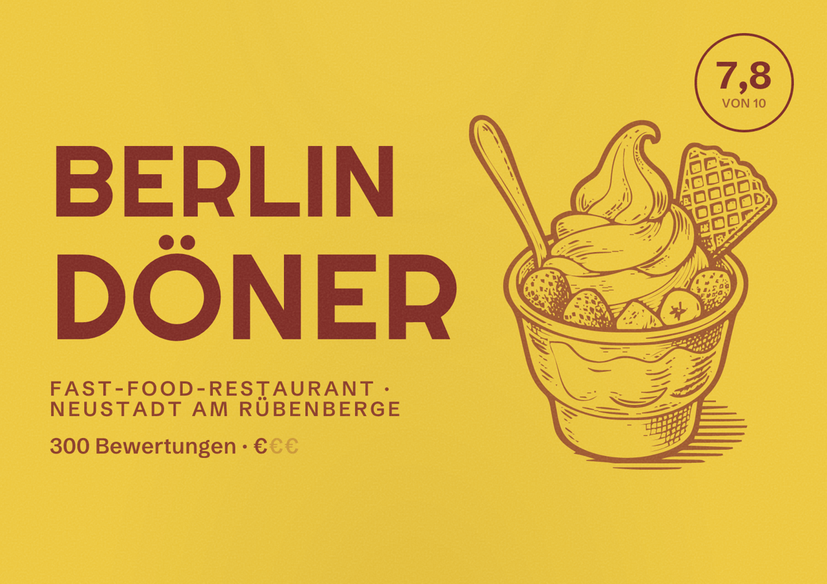 Illustriertes Poster von Berlin Döner, Fast-Food-Restaurant in Neustadt am Rübenberge: Bewertung 7,8 von 10 aus 300 Bewertungen, Preisniveau €