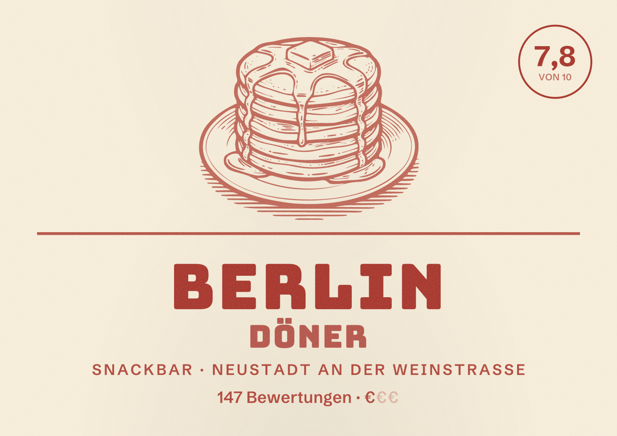 Illustriertes Poster von Berlin Döner, Snackbar in Neustadt an der Weinstraße: Bewertung 7,8 von 10 aus 147 Bewertungen, Preisniveau €