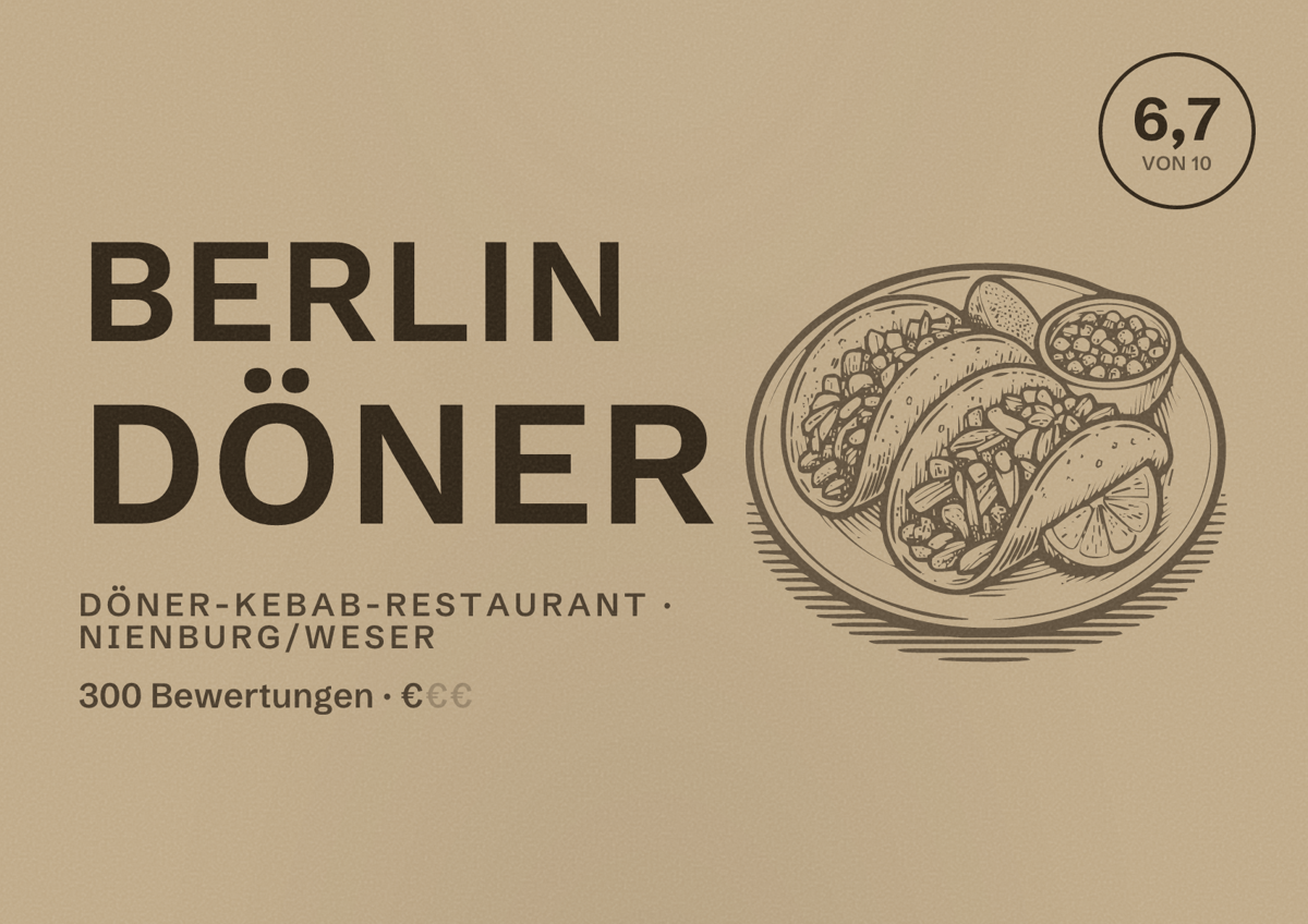 Illustriertes Poster von Berlin Döner, Döner-Kebab-Restaurant in Nienburg/Weser: Bewertung 6,7 von 10 aus 300 Bewertungen, Preisniveau €