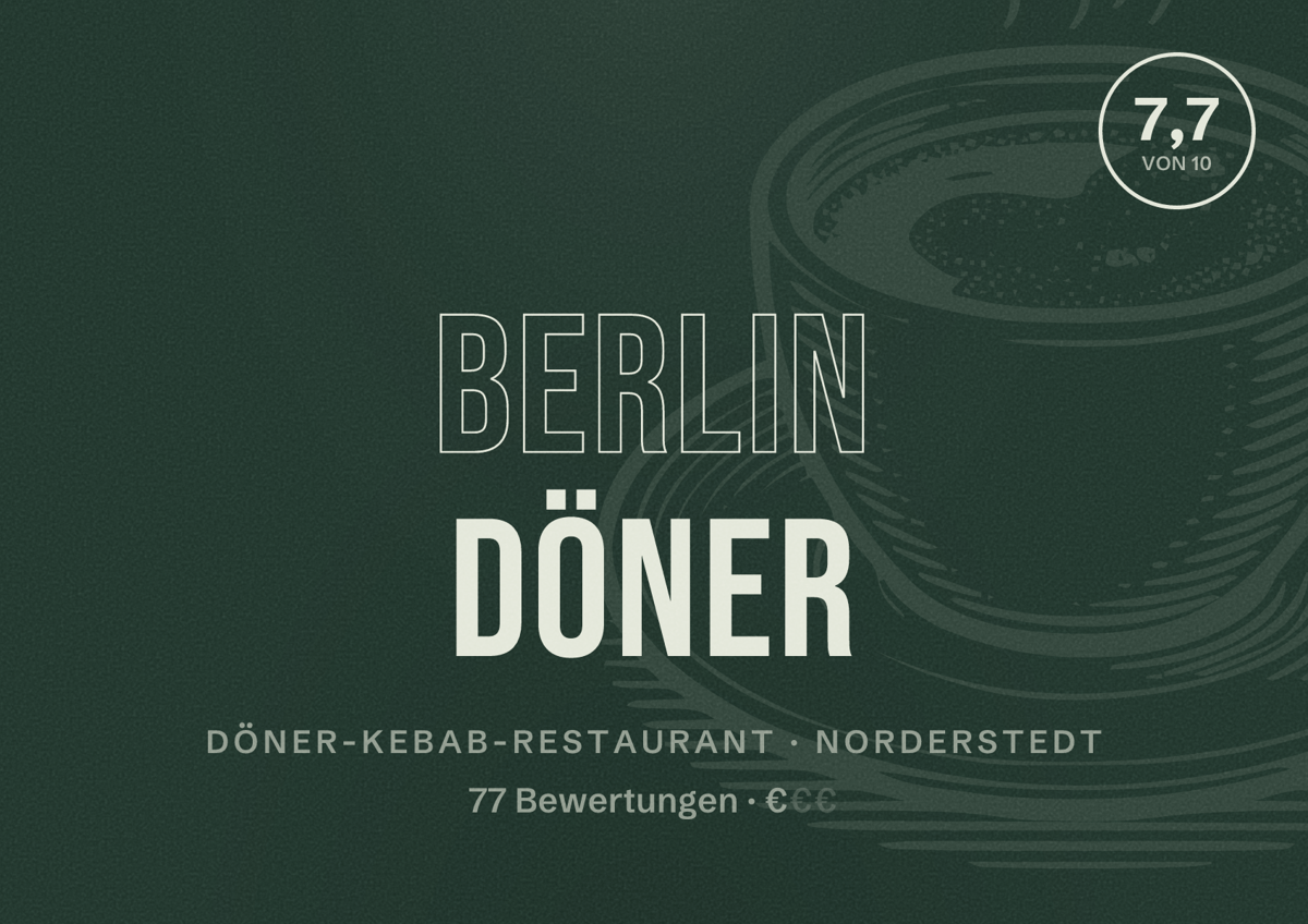 Illustriertes Poster von Berlin Döner, Döner-Kebab-Restaurant in Norderstedt: Bewertung 7,7 von 10 aus 77 Bewertungen, Preisniveau €