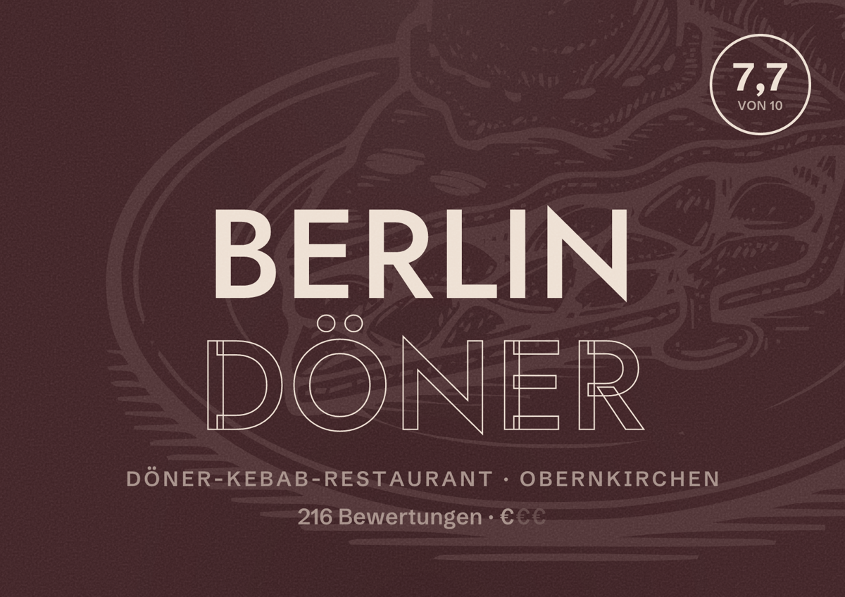 Illustriertes Poster von Berlin Döner, Döner-Kebab-Restaurant in Obernkirchen: Bewertung 7,7 von 10 aus 216 Bewertungen, Preisniveau €