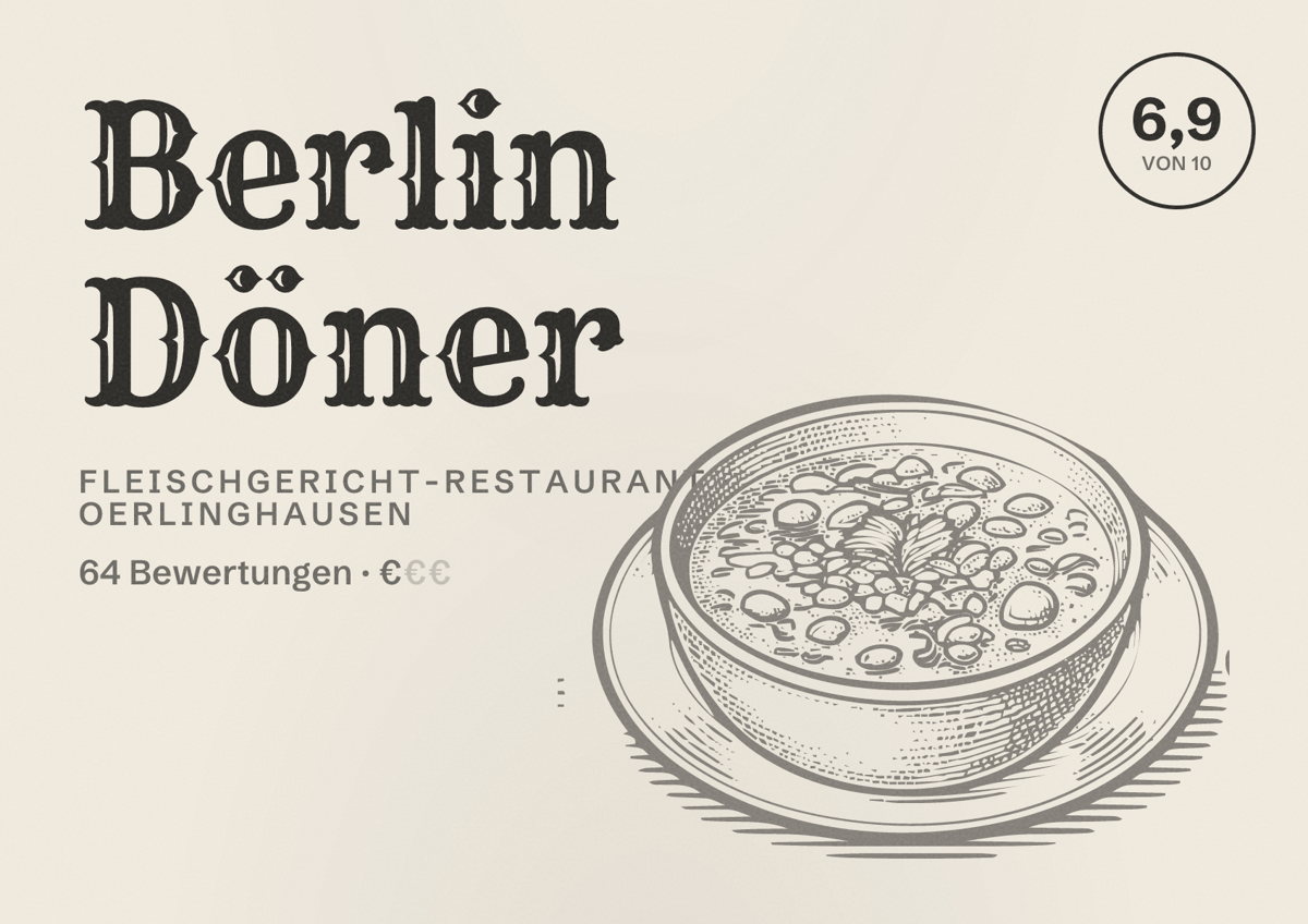 Illustriertes Poster von Berlin Döner, Fleischgericht-Restaurant in Oerlinghausen: Bewertung 6,9 von 10 aus 64 Bewertungen, Preisniveau €