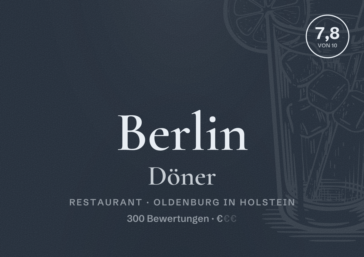 Illustriertes Poster von Berlin Döner, Restaurant in Oldenburg in Holstein: Bewertung 7,8 von 10 aus 300 Bewertungen, Preisniveau €