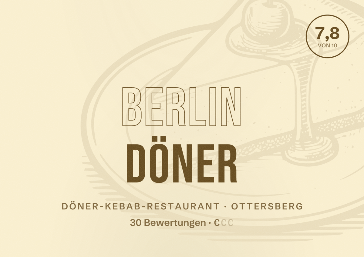 Illustriertes Poster von Berlin döner, Döner-Kebab-Restaurant in Ottersberg: Bewertung 7,8 von 10 aus 30 Bewertungen, Preisniveau €