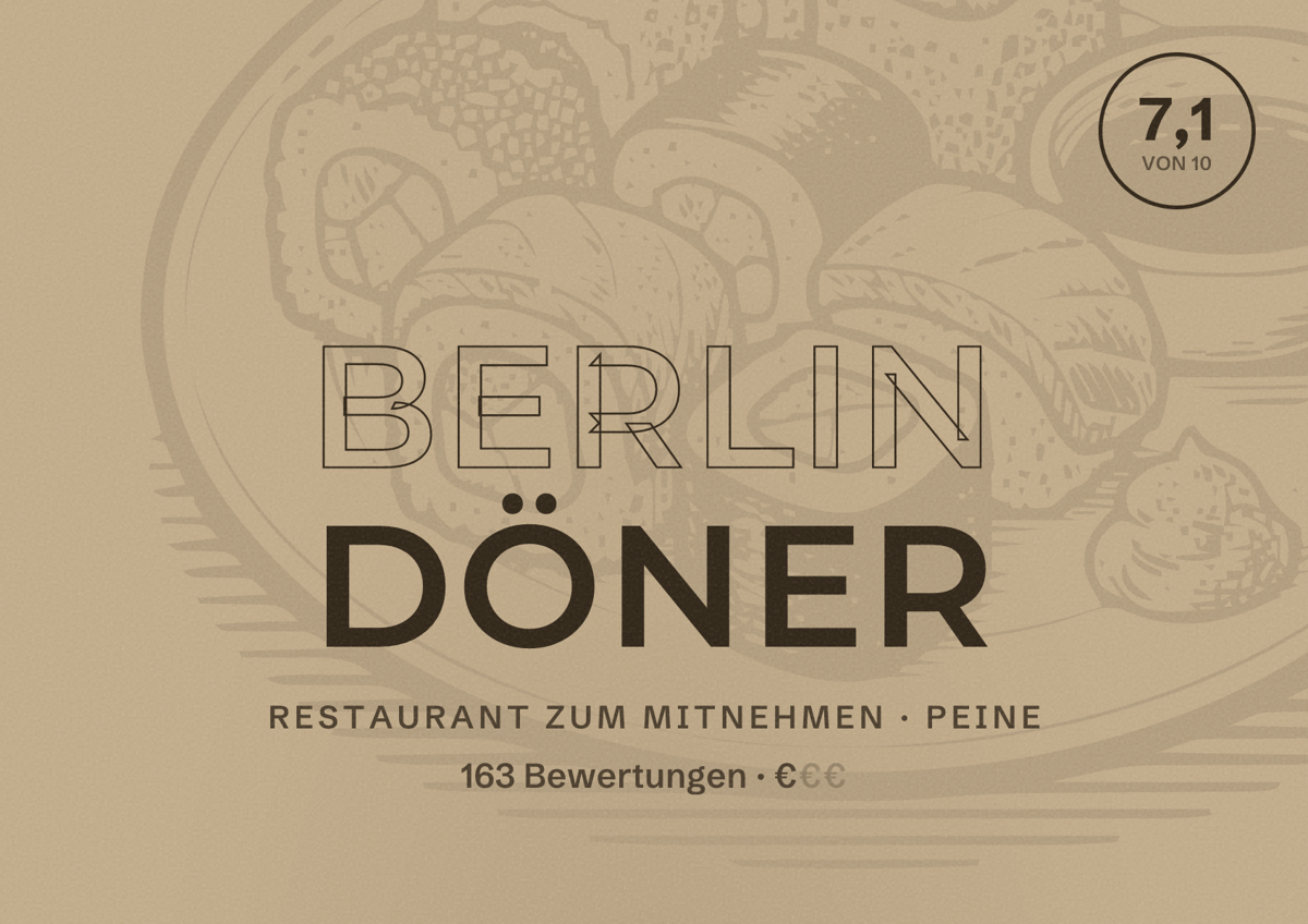 Illustriertes Poster von Berlin Döner, Restaurant zum Mitnehmen in Peine: Bewertung 7,1 von 10 aus 163 Bewertungen, Preisniveau €