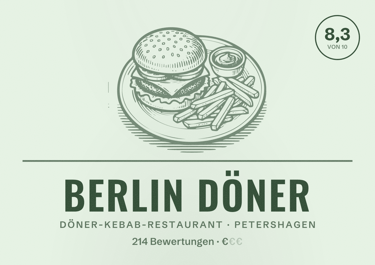 Illustriertes Poster von Berlin Döner, Döner-Kebab-Restaurant in Petershagen: Bewertung 8,3 von 10 aus 214 Bewertungen, Preisniveau €