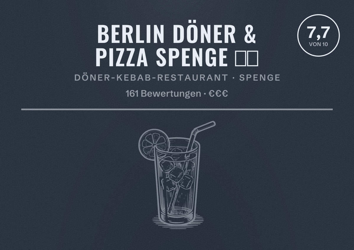 Illustriertes Poster von Berlin Döner & Pizza Spenge 🍕🥙, Döner-Kebab-Restaurant in Spenge: Bewertung 7,7 von 10 aus 161 Bewertungen, Preisniveau €€€
