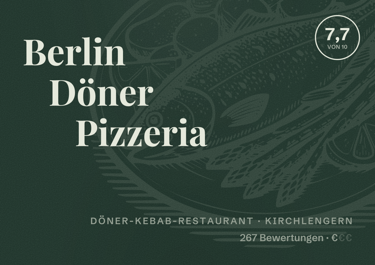 Illustriertes Poster von Berlin Döner Pizzeria, Döner-Kebab-Restaurant in Kirchlengern: Bewertung 7,7 von 10 aus 267 Bewertungen, Preisniveau €