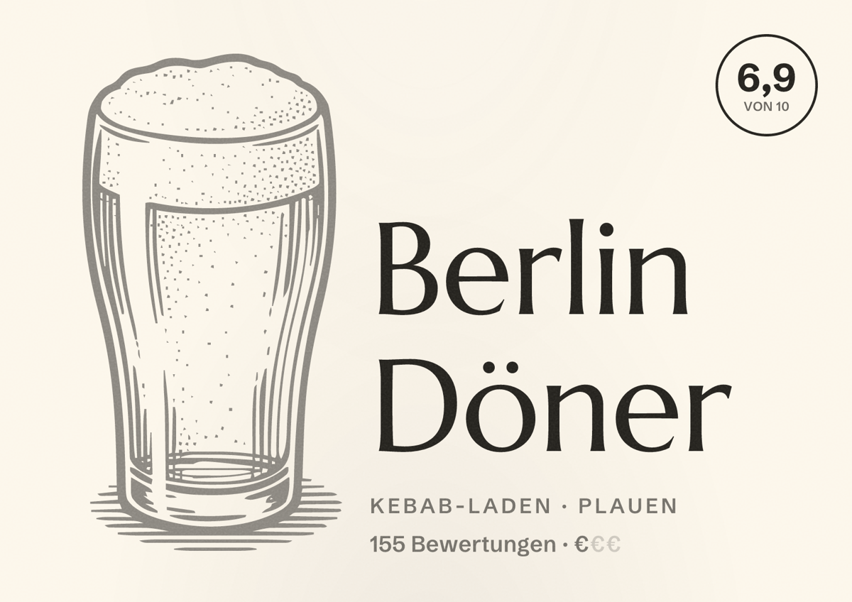 Illustriertes Poster von Berlin Döner, Kebab-Laden in Plauen: Bewertung 6,9 von 10 aus 155 Bewertungen, Preisniveau €