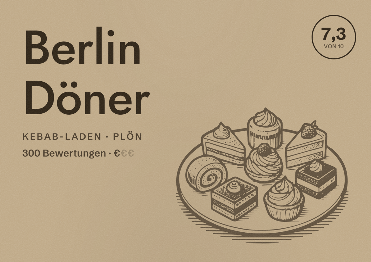 Illustriertes Poster von Berlin Döner, Kebab-Laden in Plön: Bewertung 7,3 von 10 aus 300 Bewertungen, Preisniveau €