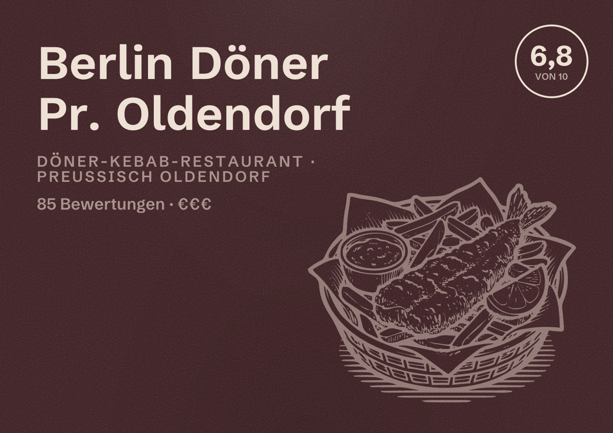 Illustriertes Poster von Berlin Döner Pr. Oldendorf, Döner-Kebab-Restaurant in Preußisch Oldendorf: Bewertung 6,8 von 10 aus 85 Bewertungen, Preisniveau €€€