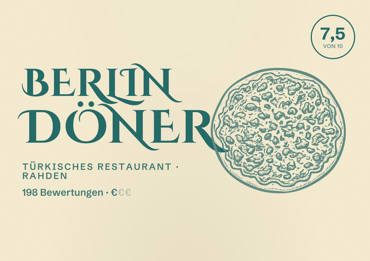 Illustriertes Poster von Berlin Döner, Türkisches Restaurant in Rahden: Bewertung 7,5 von 10 aus 198 Bewertungen, Preisniveau €