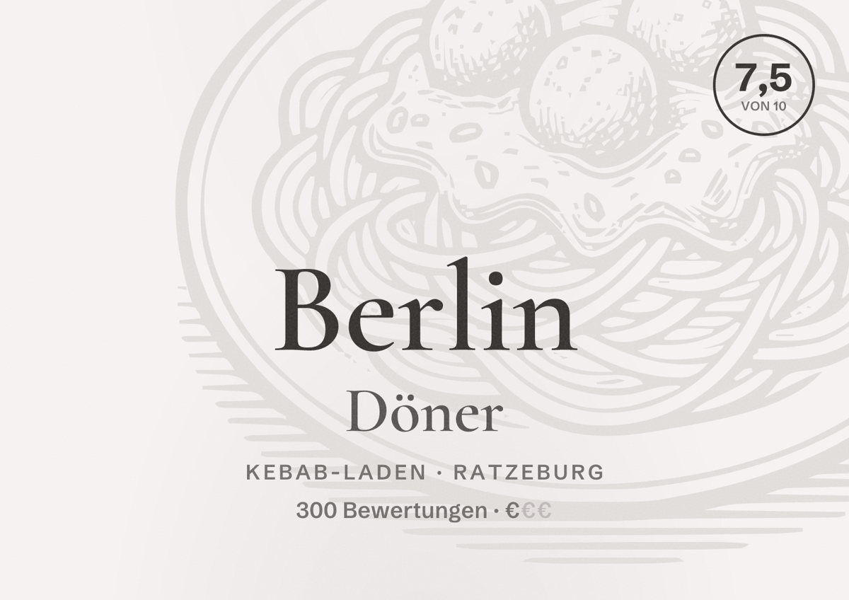 Illustriertes Poster von Berlin Döner, Kebab-Laden in Ratzeburg: Bewertung 7,5 von 10 aus 300 Bewertungen, Preisniveau €