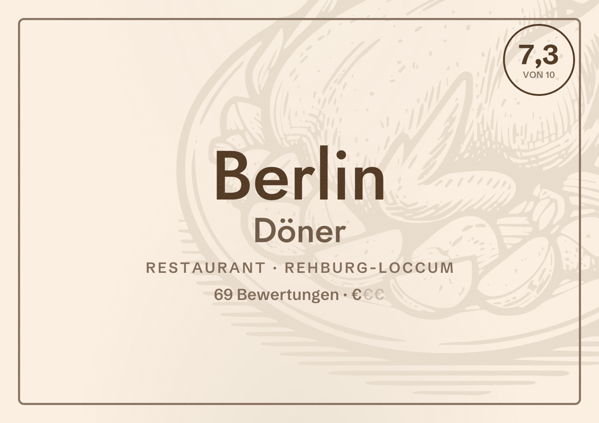 Illustriertes Poster von Berlin Döner, Restaurant in Rehburg-Loccum: Bewertung 7,3 von 10 aus 69 Bewertungen, Preisniveau €