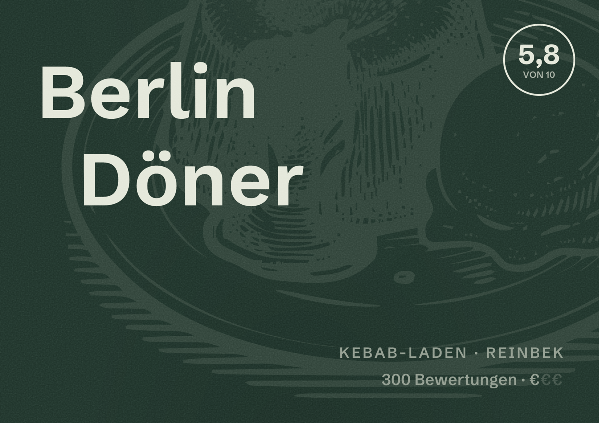 Illustriertes Poster von Berlin Döner, Kebab-Laden in Reinbek: Bewertung 5,8 von 10 aus 300 Bewertungen, Preisniveau €