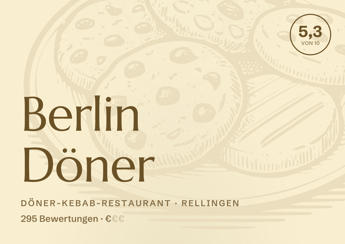 Illustriertes Poster von Berlin Döner, Döner-Kebab-Restaurant in Rellingen: Bewertung 5,3 von 10 aus 295 Bewertungen, Preisniveau €