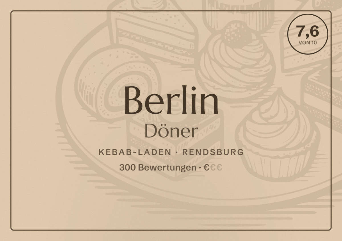 Illustriertes Poster von Berlin Döner, Kebab-Laden in Rendsburg: Bewertung 7,6 von 10 aus 300 Bewertungen, Preisniveau €