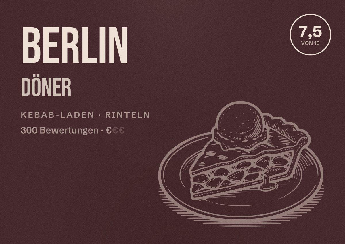 Illustriertes Poster von Berlin Döner, Kebab-Laden in Rinteln: Bewertung 7,5 von 10 aus 300 Bewertungen, Preisniveau €