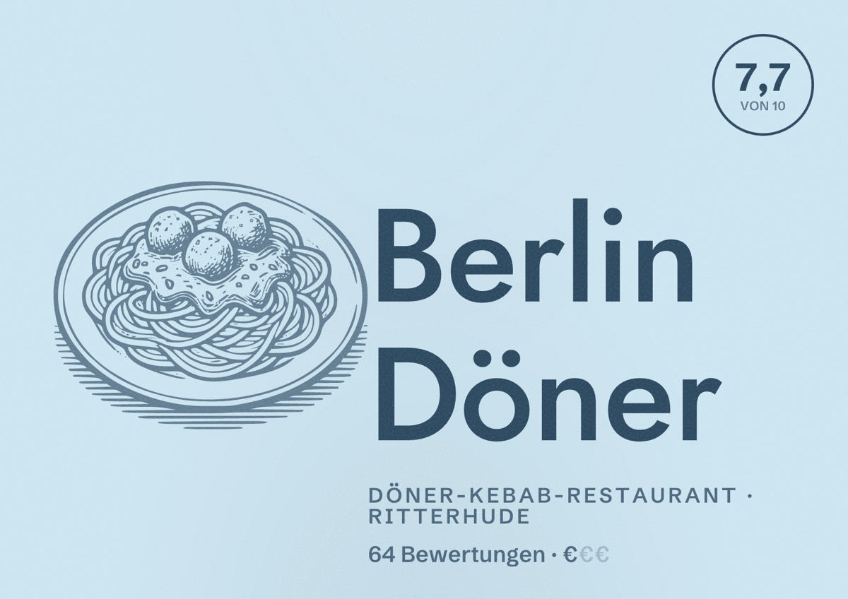 Illustriertes Poster von Berlin Döner, Döner-Kebab-Restaurant in Ritterhude: Bewertung 7,7 von 10 aus 64 Bewertungen, Preisniveau €