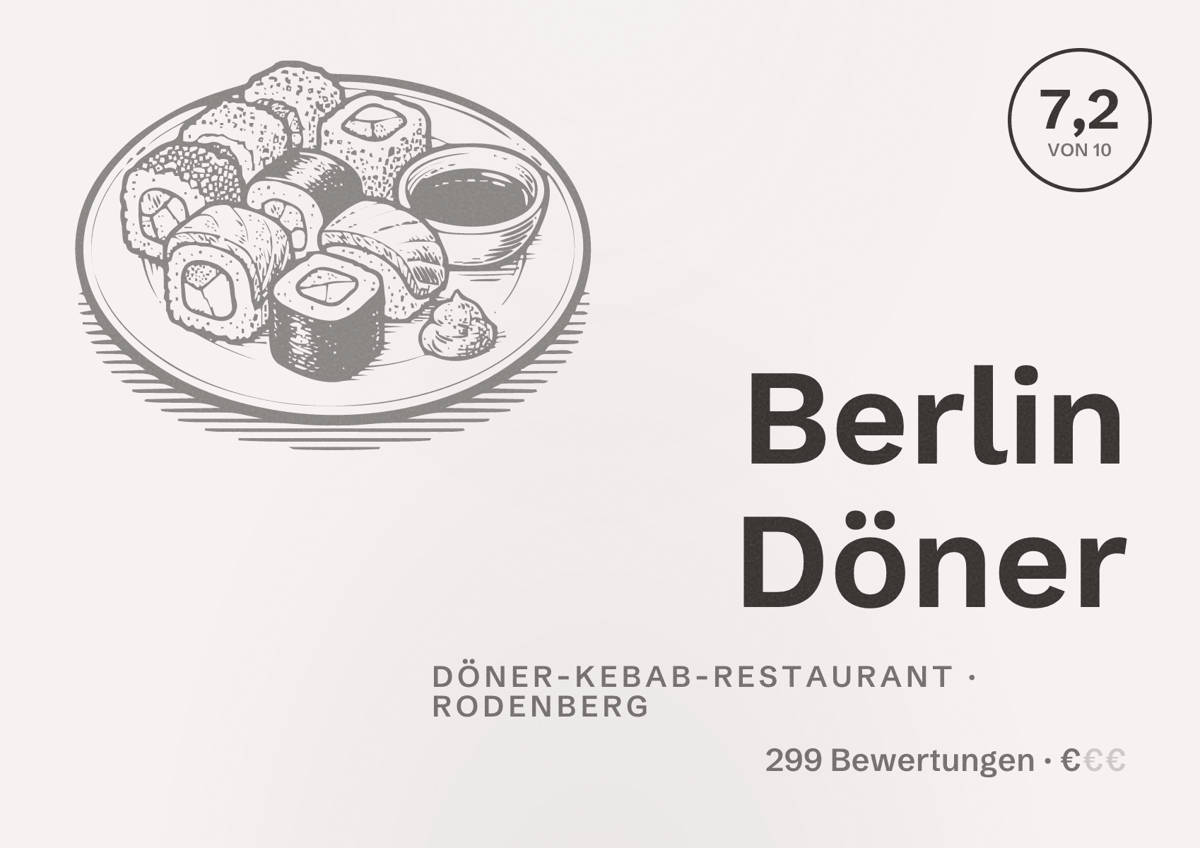 Illustriertes Poster von Berlin Döner, Döner-Kebab-Restaurant in Rodenberg: Bewertung 7,2 von 10 aus 299 Bewertungen, Preisniveau €