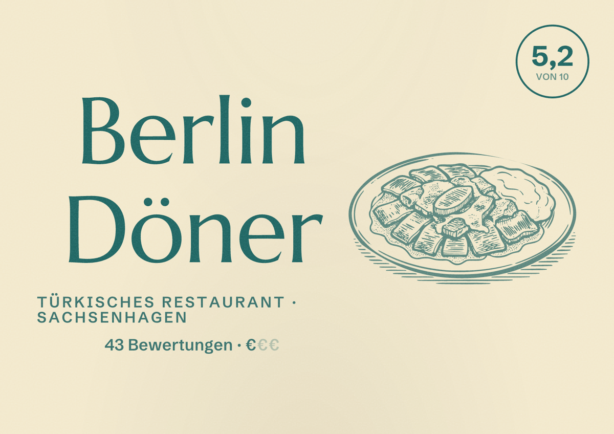 Illustriertes Poster von Berlin Döner, Türkisches Restaurant in Sachsenhagen: Bewertung 5,2 von 10 aus 43 Bewertungen, Preisniveau €