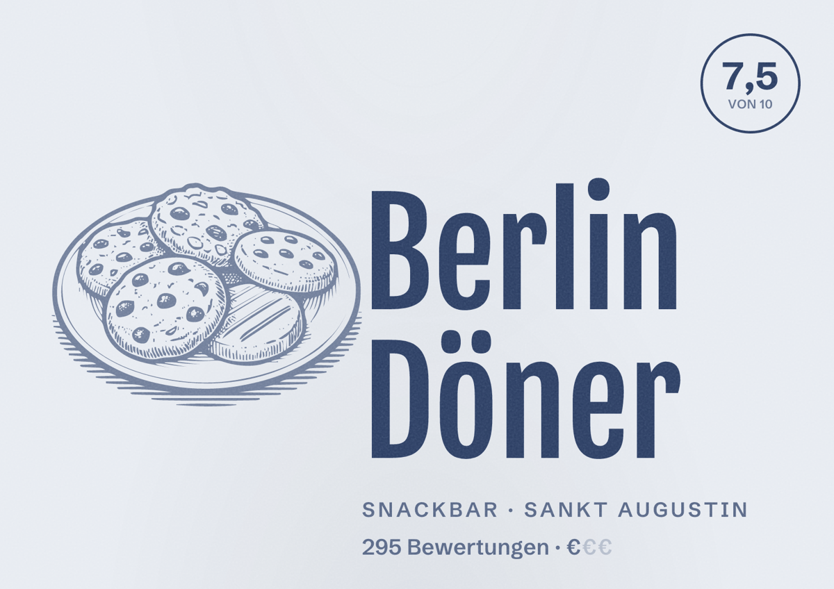 Illustriertes Poster von Berlin Döner, Snackbar in Sankt Augustin: Bewertung 7,5 von 10 aus 295 Bewertungen, Preisniveau €