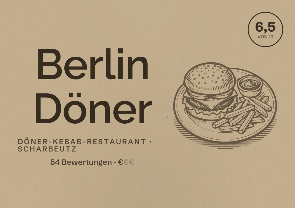Illustriertes Poster von Berlin Döner, Döner-Kebab-Restaurant in Scharbeutz: Bewertung 6,5 von 10 aus 54 Bewertungen, Preisniveau €