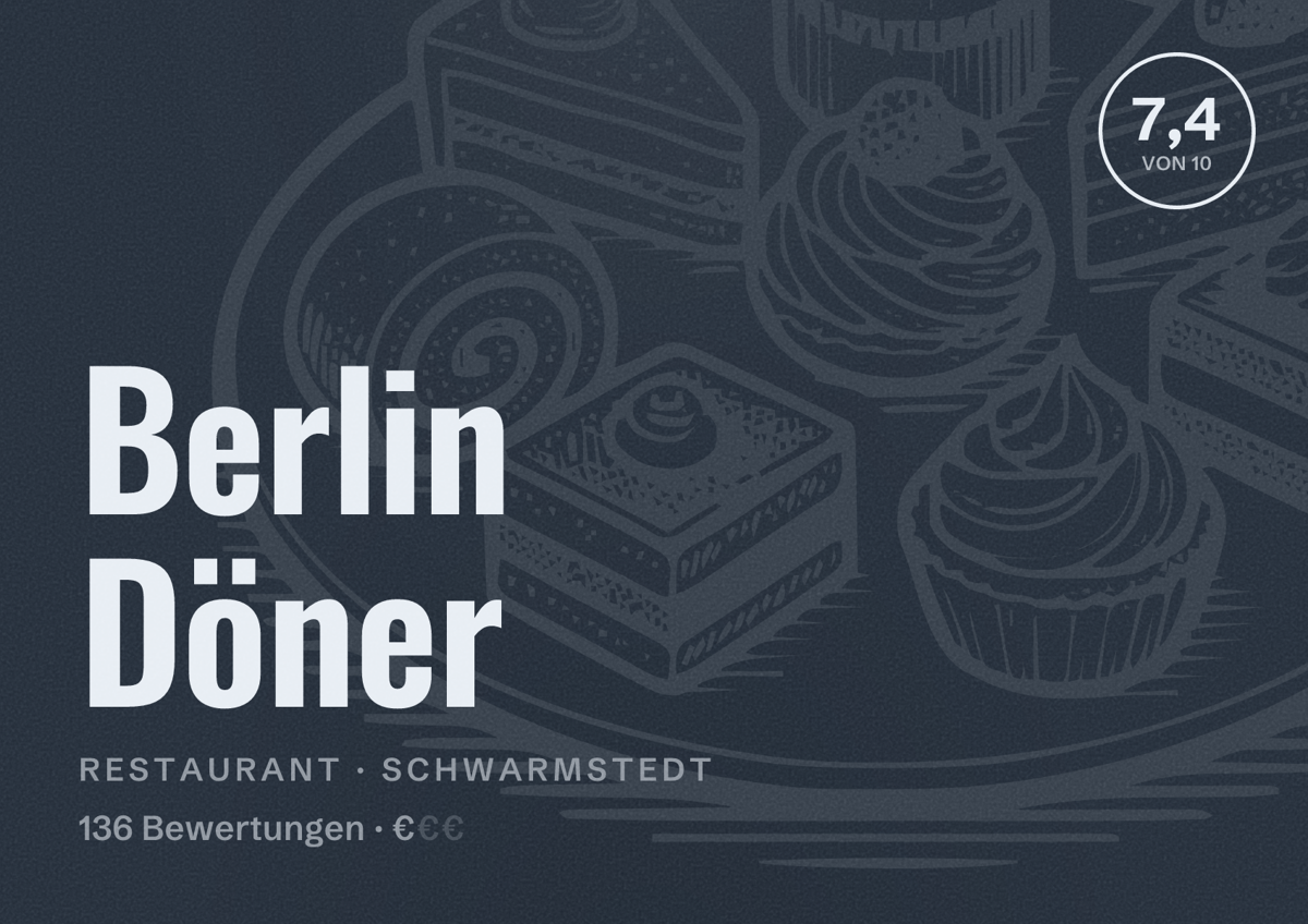Illustriertes Poster von Berlin Döner, Restaurant in Schwarmstedt: Bewertung 7,4 von 10 aus 136 Bewertungen, Preisniveau €