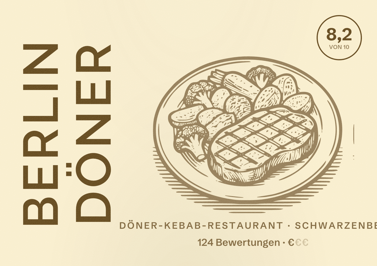 Illustriertes Poster von Berlin döner, Döner-Kebab-Restaurant in Schwarzenbek: Bewertung 8,2 von 10 aus 124 Bewertungen, Preisniveau €