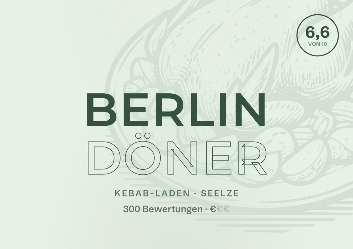 Illustriertes Poster von Berlin Döner, Kebab-Laden in Seelze: Bewertung 6,6 von 10 aus 300 Bewertungen, Preisniveau €