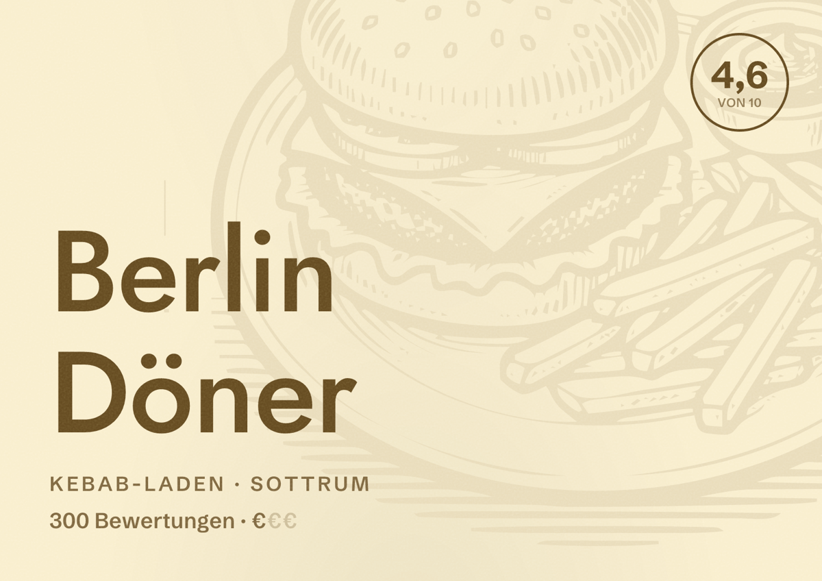 Illustriertes Poster von Berlin Döner, Kebab-Laden in Sottrum: Bewertung 4,6 von 10 aus 300 Bewertungen, Preisniveau €