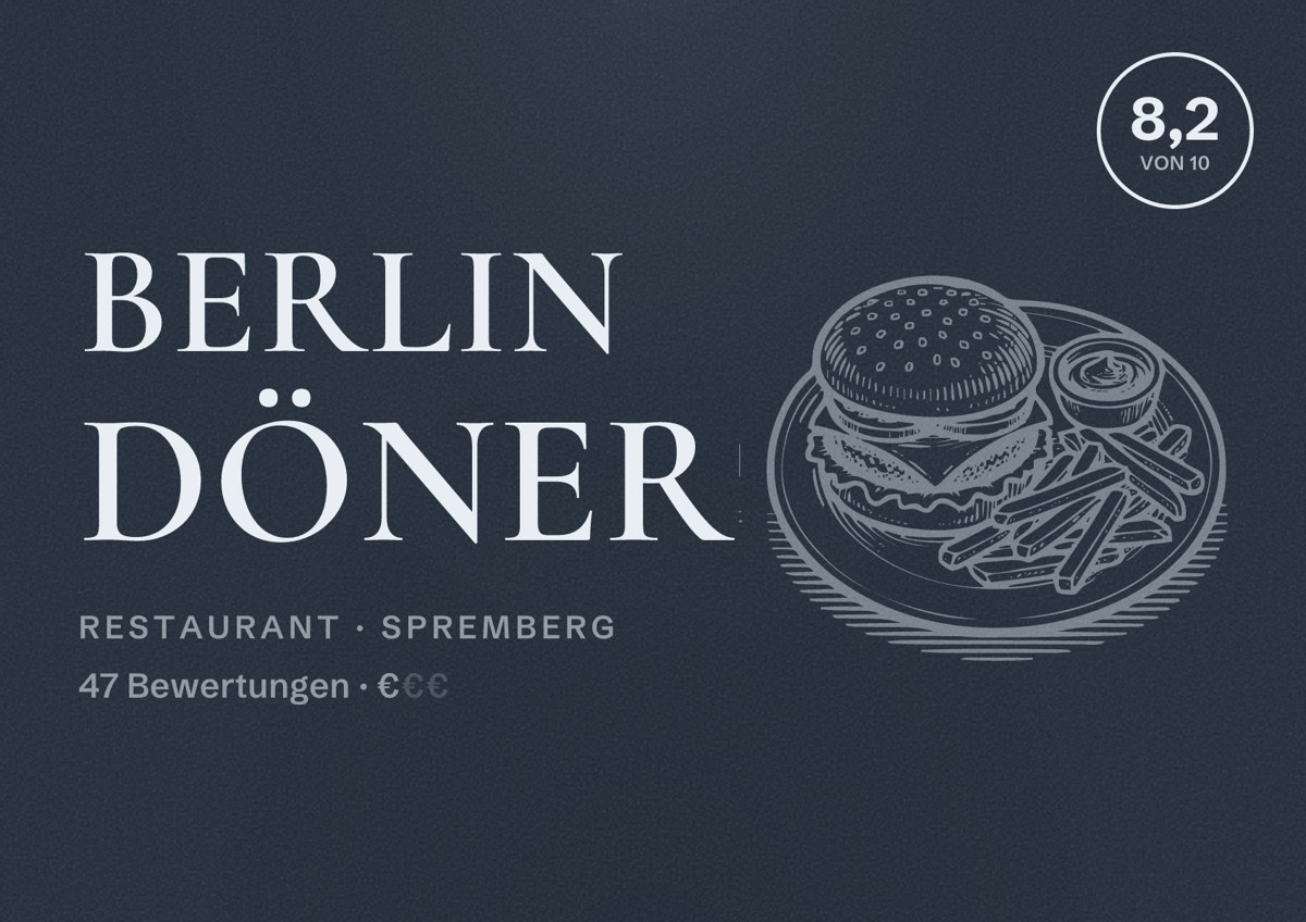 Illustriertes Poster von Berlin Döner, Restaurant in Spremberg: Bewertung 8,2 von 10 aus 47 Bewertungen, Preisniveau €