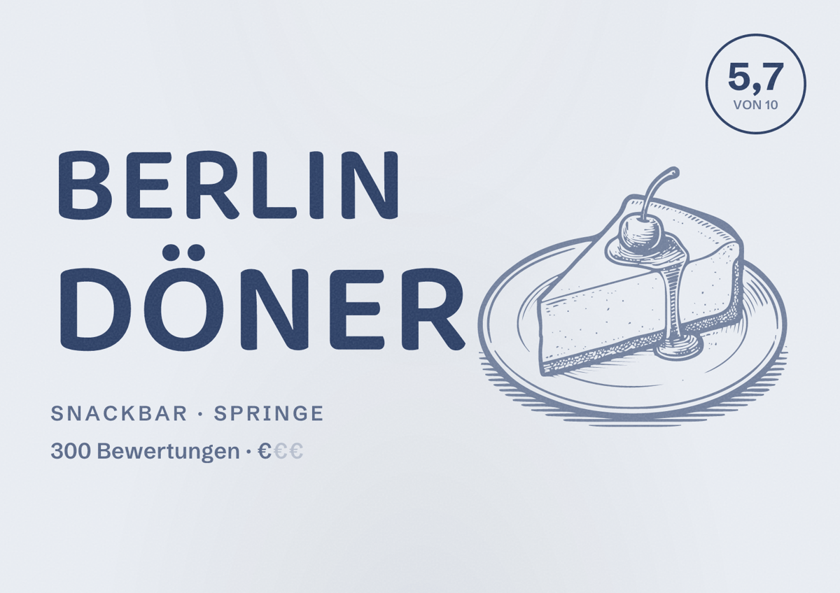 Illustriertes Poster von Berlin Döner, Snackbar in Springe: Bewertung 5,7 von 10 aus 300 Bewertungen, Preisniveau €