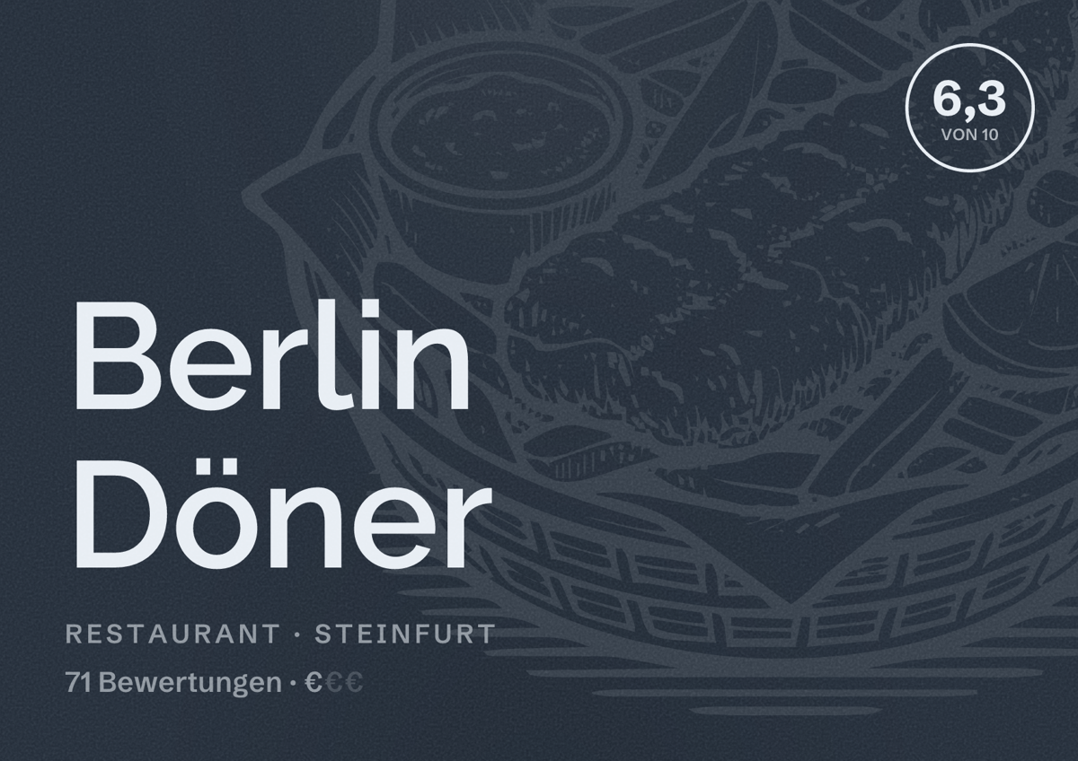 Illustriertes Poster von Berlin Döner, Restaurant in Steinfurt: Bewertung 6,3 von 10 aus 71 Bewertungen, Preisniveau €