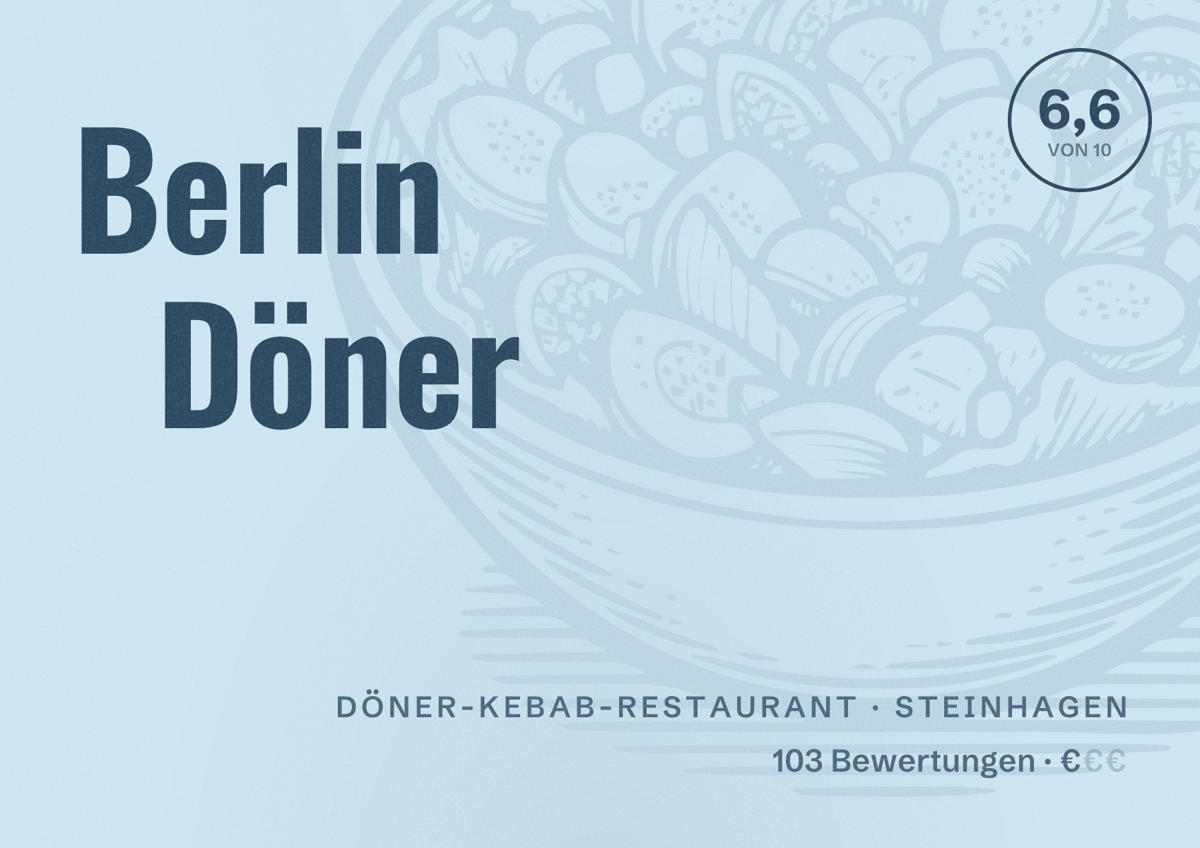 Illustriertes Poster von Berlin Döner, Döner-Kebab-Restaurant in Steinhagen: Bewertung 6,6 von 10 aus 103 Bewertungen, Preisniveau €