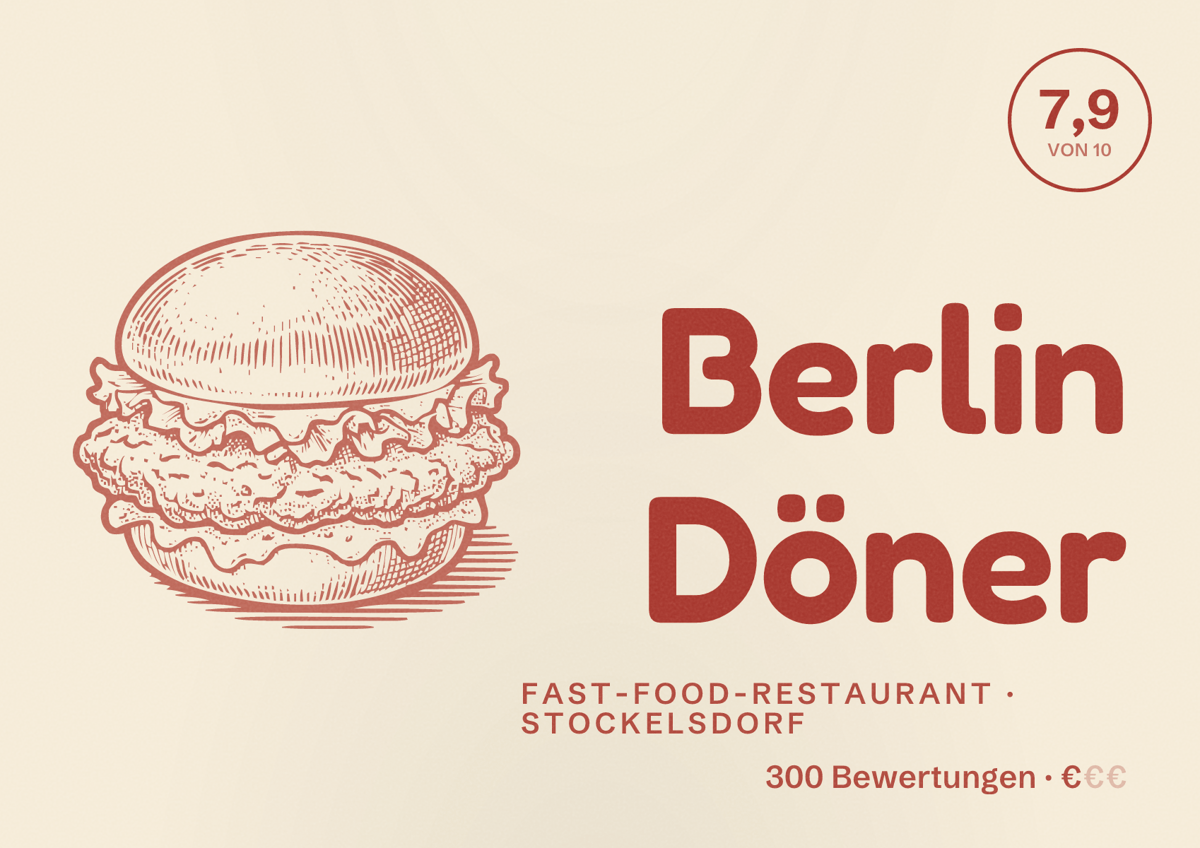 Illustriertes Poster von Berlin Döner, Fast-Food-Restaurant in Stockelsdorf: Bewertung 7,9 von 10 aus 300 Bewertungen, Preisniveau €