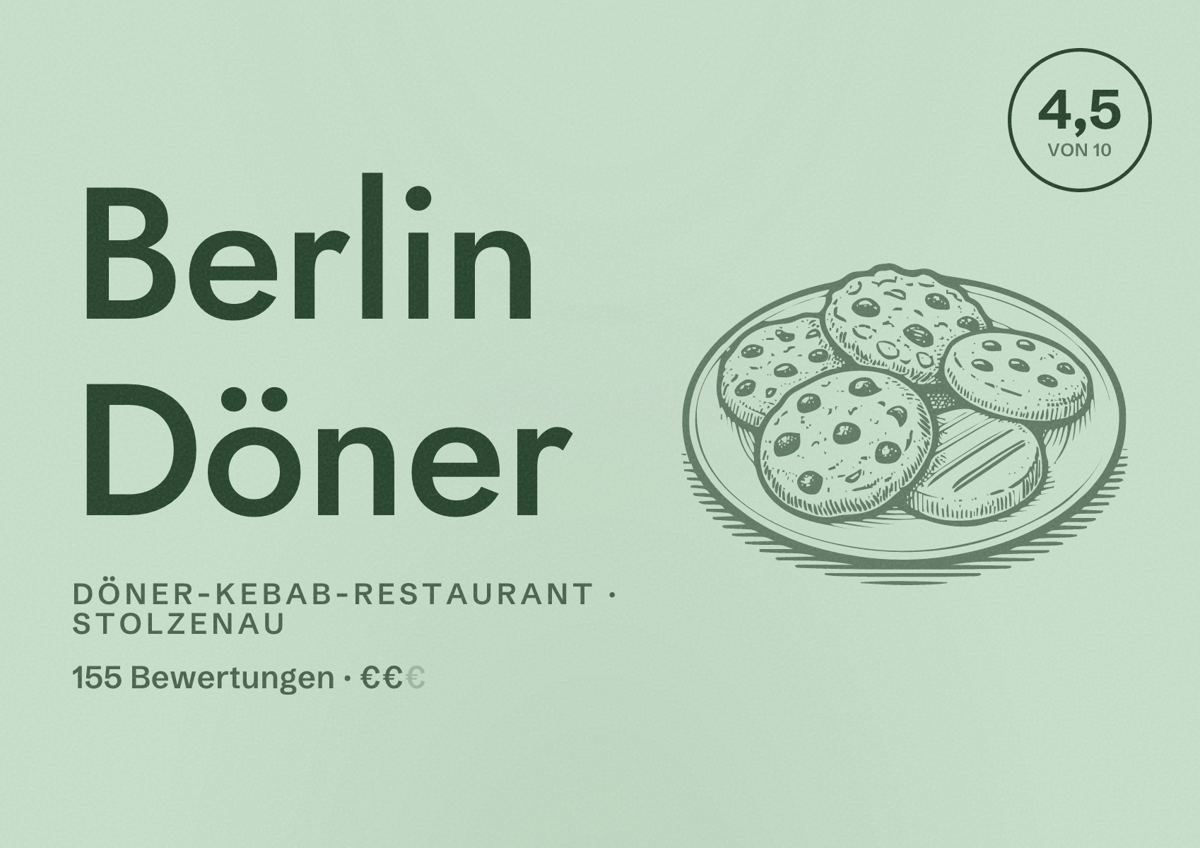 Illustriertes Poster von Berlin Döner, Döner-Kebab-Restaurant in Stolzenau: Bewertung 4,5 von 10 aus 155 Bewertungen, Preisniveau €€