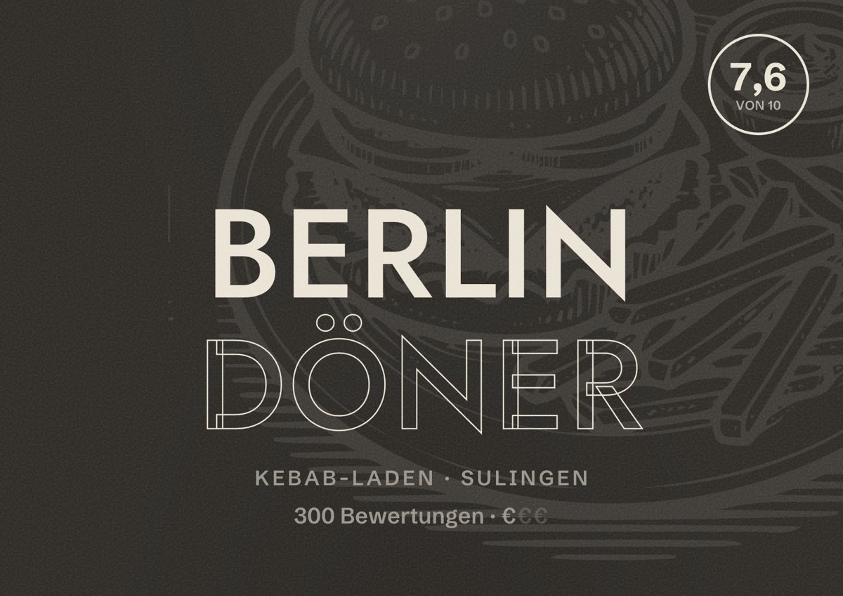 Illustriertes Poster von Berlin Döner, Kebab-Laden in Sulingen: Bewertung 7,6 von 10 aus 300 Bewertungen, Preisniveau €