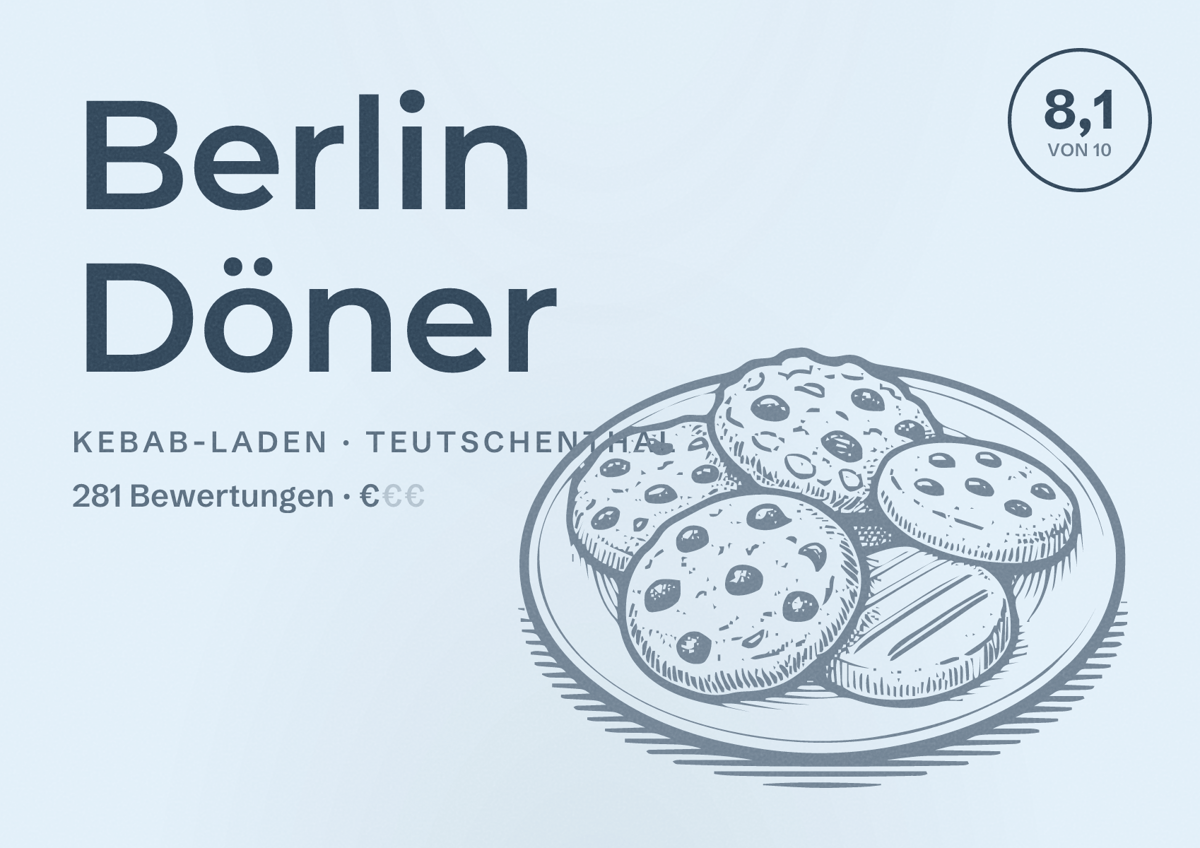 Illustriertes Poster von Berlin Döner, Kebab-Laden in Teutschenthal: Bewertung 8,1 von 10 aus 281 Bewertungen, Preisniveau €