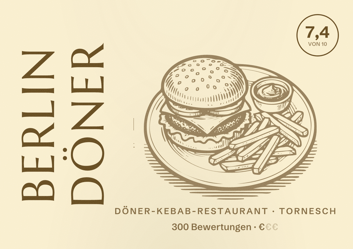 Illustriertes Poster von Berlin Döner, Döner-Kebab-Restaurant in Tornesch: Bewertung 7,4 von 10 aus 300 Bewertungen, Preisniveau €