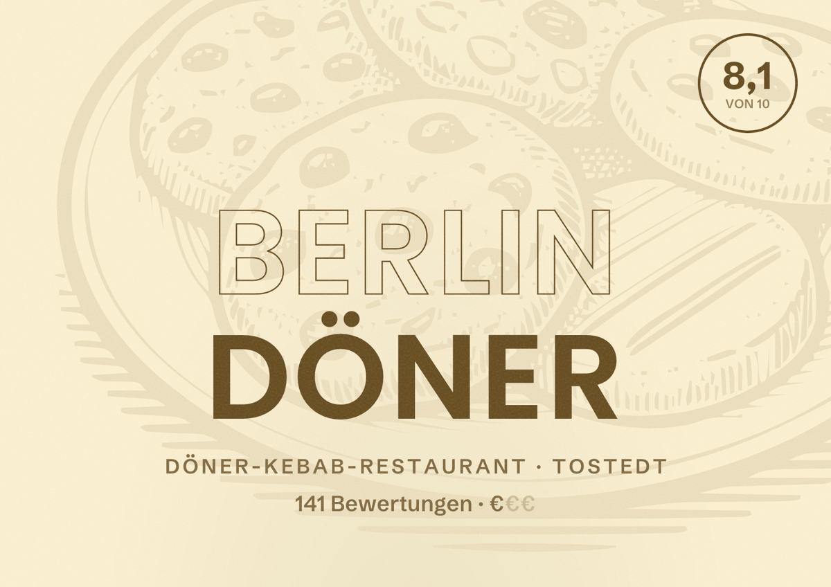 Illustriertes Poster von Berlin Döner, Döner-Kebab-Restaurant in Tostedt: Bewertung 8,1 von 10 aus 141 Bewertungen, Preisniveau €