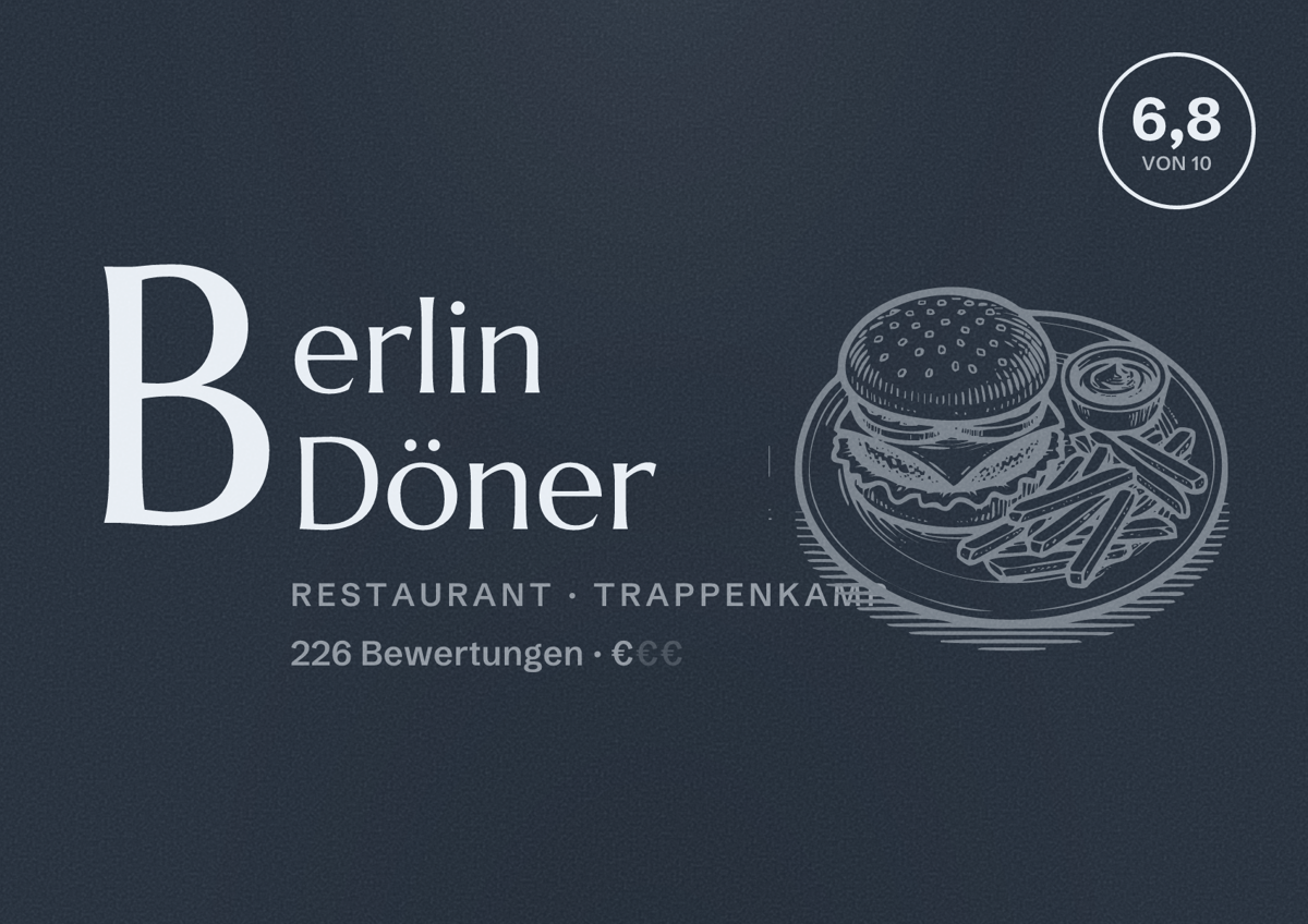 Illustriertes Poster von Berlin Döner, Restaurant in Trappenkamp: Bewertung 6,8 von 10 aus 226 Bewertungen, Preisniveau €