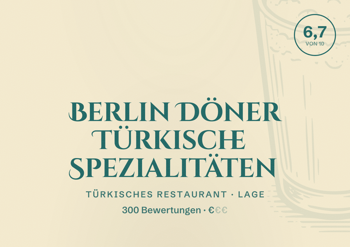 Illustriertes Poster von Berlin Döner Türkische Spezialitäten, Türkisches Restaurant in Lage: Bewertung 6,7 von 10 aus 300 Bewertungen, Preisniveau €