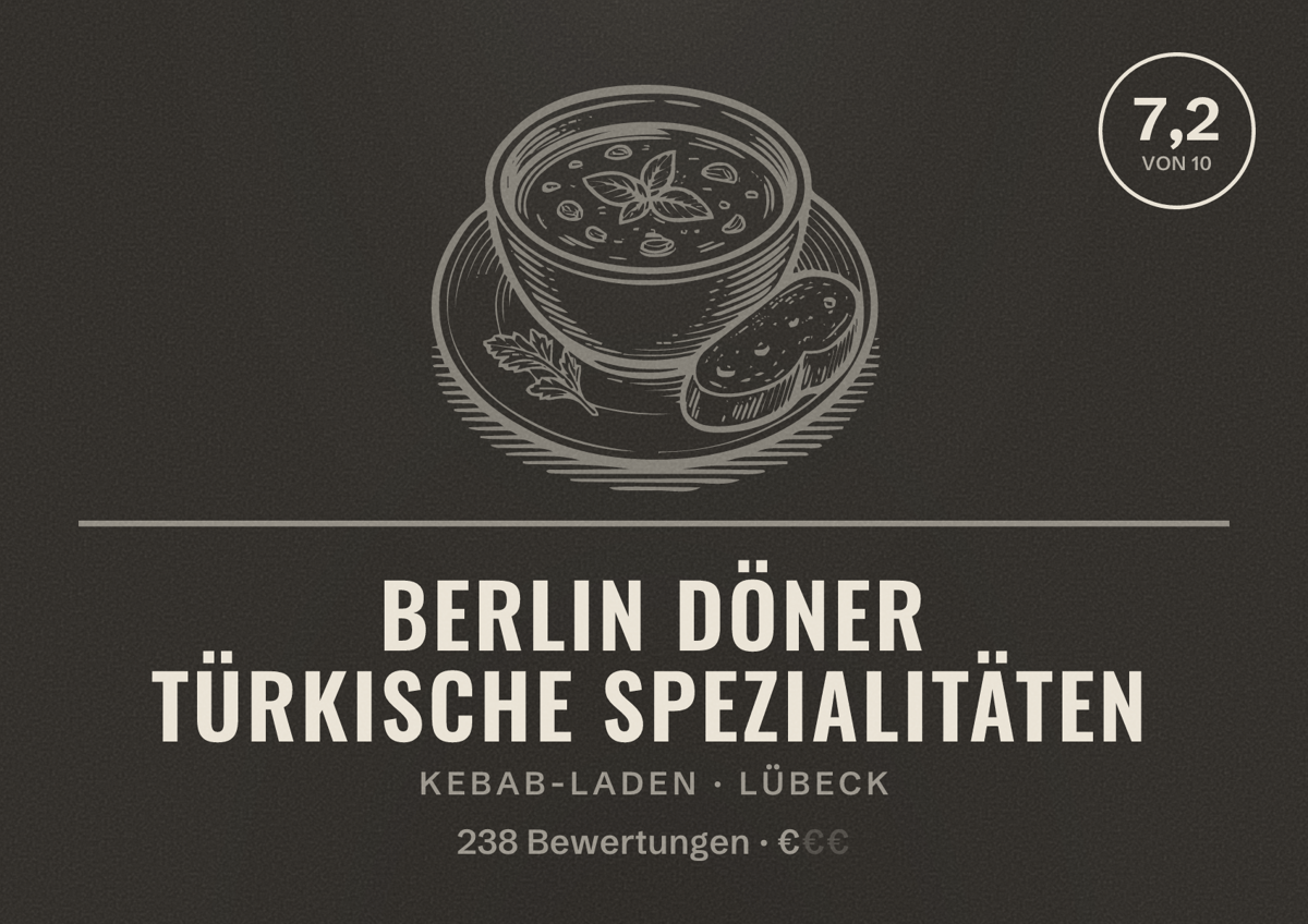 Illustriertes Poster von Berlin Döner Türkische Spezialitäten, Kebab-Laden in Lübeck: Bewertung 7,2 von 10 aus 238 Bewertungen, Preisniveau €