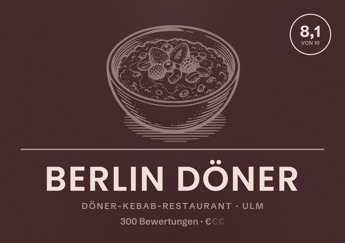 Illustriertes Poster von Berlin Döner, Döner-Kebab-Restaurant in Ulm: Bewertung 8,1 von 10 aus 300 Bewertungen, Preisniveau €