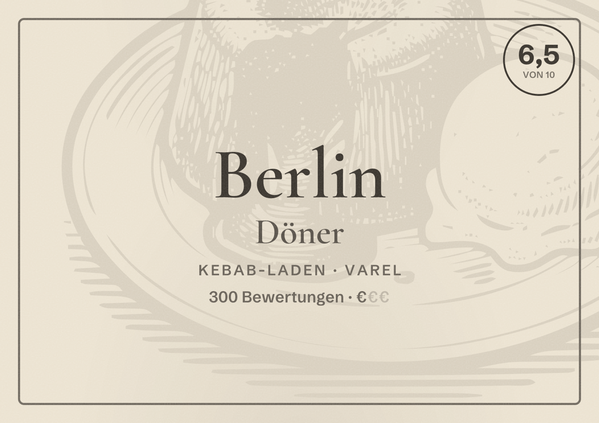Illustriertes Poster von Berlin Döner, Kebab-Laden in Varel: Bewertung 6,5 von 10 aus 300 Bewertungen, Preisniveau €
