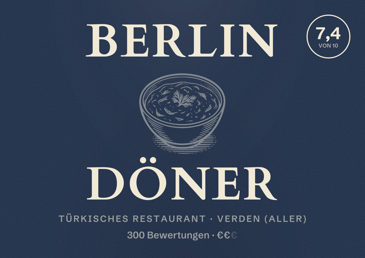 Illustriertes Poster von Berlin Döner, Türkisches Restaurant in Verden (Aller): Bewertung 7,4 von 10 aus 300 Bewertungen, Preisniveau €€