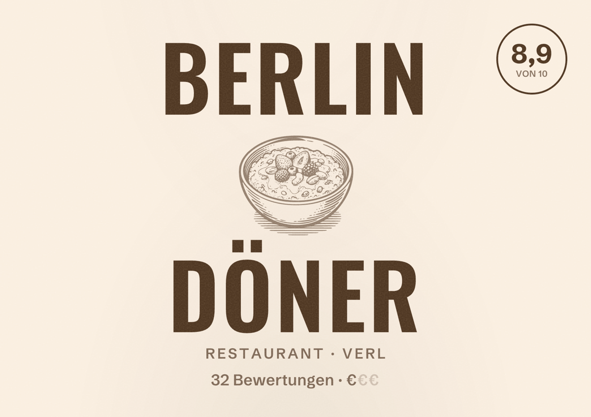 Illustriertes Poster von Berlin Döner, Restaurant in Verl: Bewertung 8,9 von 10 aus 32 Bewertungen, Preisniveau €