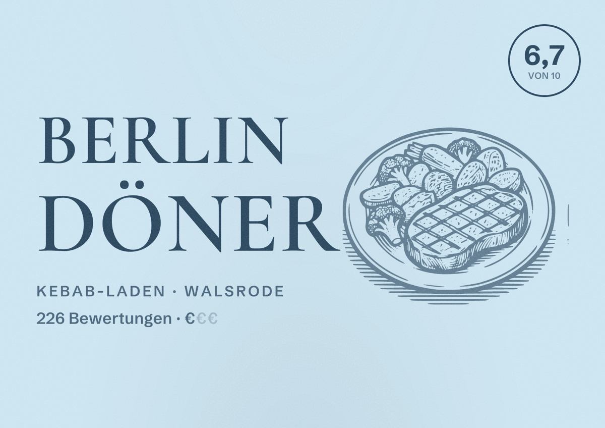 Illustriertes Poster von Berlin Döner, Kebab-Laden in Walsrode: Bewertung 6,7 von 10 aus 226 Bewertungen, Preisniveau €